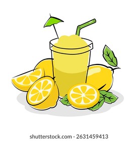 Lemonade juice with slices of lemon set on white background.