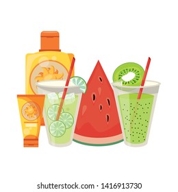 Lemonade and kiwi juice with sun bronzer bottles and watermelon vector illustration graphic design
