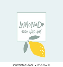 Lemonade label. Color Lemon fruit with lettering, hand drawn sketch isolated on light turquoise background. Freehand vector illustration. Vector Illustration for lemonade. Logo badge of lemon slice.
