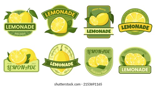 Lemonade label. Fresh and natural lemonades tag with yellow lemon fruit, citrus juice stickers vector set. Delicious taste drink packaging. Refreshing organic product made with real lemons