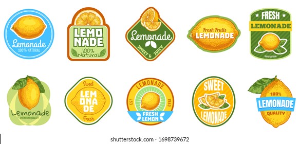 Lemonade label. Natural lemon juice, fresh fruits lemonades drinks badge and summer sweet beverage sticker vector set. Fruit summer beverage juice, citrus badge sticker illustration