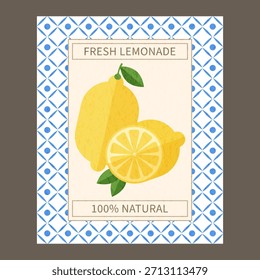 Etiqueta de limonada o diseño de cartel. Dos limones con hojas verdes sobre patrón azul y blanco. Estilo mediterráneo. Diseño para packaging, posters, menús o Materiales promocionales para bebidas.