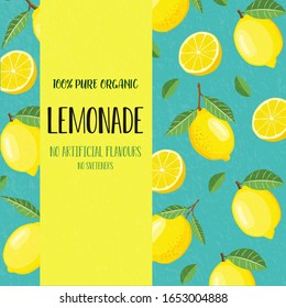 Lemonade label poster vector illustration. Fresh lemonade banner with lemon, orange, lime, peach fruits. Template for brand  label, emblem and store packaging, packing and advertising.