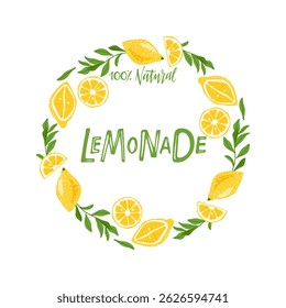 Rótulo da limonada. Borda redonda com limões fatiados, galhos, folhas e inscrição. Wreath Summer fundo Para cartaz, banner, convite, embalagem, marca. Frutas em volta da moldura. Menu Verão