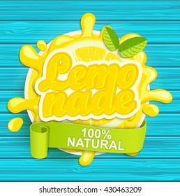 Lemonade label splash. Blot and lettering with ribbon on white background. Splash and blot design, shape creative vector illustration.