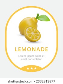 Plantilla de etiqueta de lemonade. Limón entero y cortado maduro. Concepto de envasado de bebidas con aroma y sabor a limón. Cartel vertical de color con marco ovalado, ilustración, texto