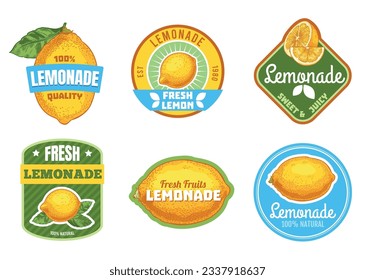 Etiquetas de léonade. Etiquetas para bebidas frescas con cítricos y hojas verdes. Empaque de jugo de limón orgánico. Conjunto vectorial aislado de pegatinas de productos refrescantes naturales. Deliciosas insignias de bebida a la venta