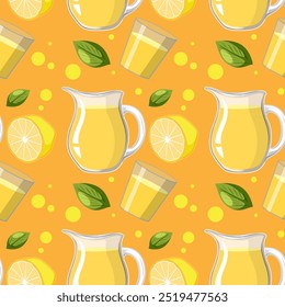 Lemonade, leaves, and bubbles on orange background