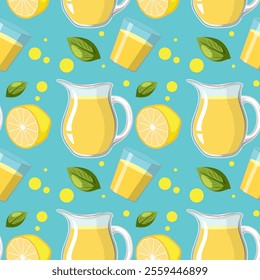 Lemonade, leaves, and lemons on blue background