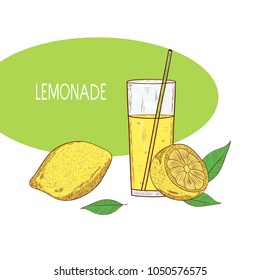 Lemonade. Lemon and a glass with a straw. Sketch. On a white background.