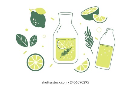 Lemonade. Lemon refreshing juice in a glass jug. Refreshing drink with pieces of lemon, mint, rosemary and ice in a glass jug.