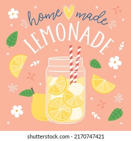 Lemonade, limón, rodaja de limón, tarro con limonada, tipografía casera limonada, vectorial gráfico, afiche, limonada