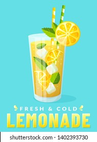 Lemonade with lemon slice. Vector illustration. Poster with glass isolated on clean background. Fresh and cold summer drink with ice and mint.