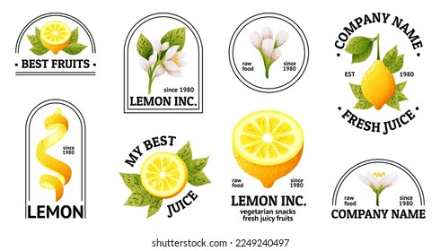 Lemonade, lemon stickers, label, logo. Fresh drink or fruit badge, retro syrup stamp or emblem, citrus food. Vector design illustration 