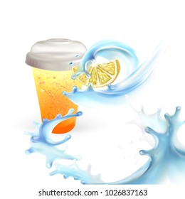 lemonade lemon and water splashes 3d realistic illustration vector ice