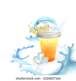 lemonade lemon and water splashes 3d realistic illustration vector ice