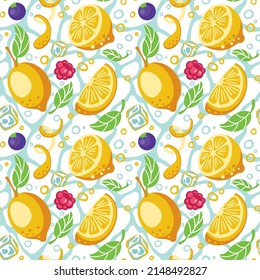 Lemonade From Lemons, Blueberry And Rasberry. Slices Of Lemons. Ice Cubes. Fresh Cool Drink With Fruits. Seamless Pattern. Vector.