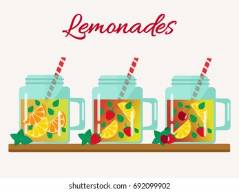 Lemonade with  lemons, cherries and strawberries in the jar