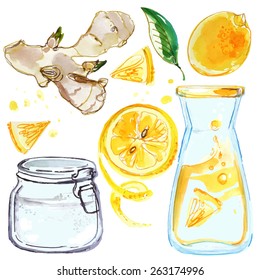 Lemonade, lemons and ginger, a bottle of lemonade, lemon juice, water-color drawings on a white background, vector illustration hand