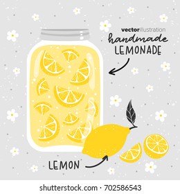 Lemonade with lemons in glass jar. Vector illustration.