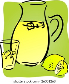 Limonada e limões, estilo retrô desenhado à mão. Fatias de limão e limão, jarro e vidro de limonada