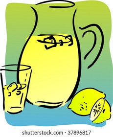 Lemonade and lemons, retro hand-drawn style. Lemon and lemon slices, pitcher and glass of lemonade