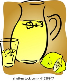 Lemonade and lemons, retro hand-drawn style. Lemon and lemon slices, pitcher and glass of lemonade