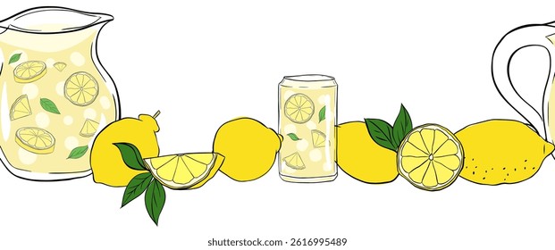 Lemonade with lemons whole and slices, green leaves seamless horizontal border. Vector graphic line ink illustration. Sample poster, party invitation, holiday banner, postcard. close-up
