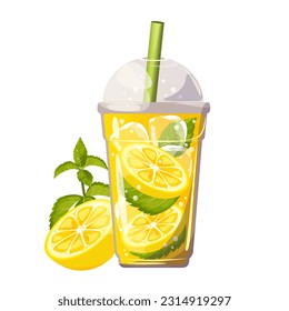Lemonade with lemon.Summer, cold drink with lemon slices, mint and ice in a plastic cup.Vector illustration.