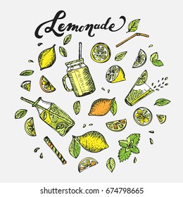 Lemonade lettering and hand Drawing Lemons Drink. Sliced Citrus, Glass Bottle, Mug, Mason Jar, Mint Leaves, Juice splash. Vector set.