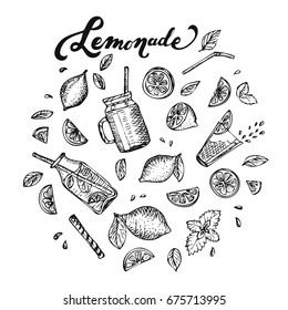 Lemonade lettering and hand Drawing Lemons Drink. Sliced Citrus, Glass Bottle, Mug, Mason Jar, Mint Leaves, Juice splash. Vector set.