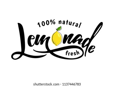 Lemonade lettering with lemon label. Brush calligraphy of word lemonade. Fresh, cold, homemade, sweet  lemon fresh drink. Vector illustration of tag, bange, sticker, logo. Lemon syrup, lemon juice.