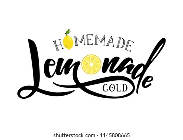 Lemonade lettering with lemon label. Brush calligraphy of word lemonade. Fresh, cold, homemade, sweet  lemon fresh drink. Vector illustration of tag, bange, sticker, logo. Lemon syrup, lemon juice.