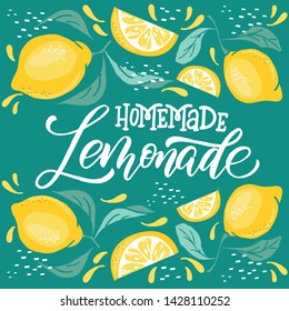 Lemonade lettering with lemon label. Brush calligraphy of word lemonade.