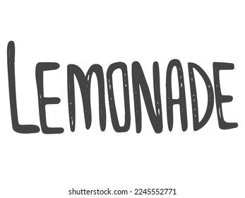 Lemonade lettering with lemon label. Brush calligraphy of word lemonade. Fresh, cold, homemade, sweet lemon fresh drink. Vector illustration of tag, bange, sticker, logo. Lemon syrup, lemon juice.
