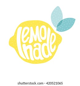 "Lemonade" lettering in lemon silhouette with leaves on white background. Vector cute illustration