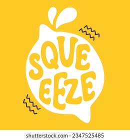 Lemonade lettering in lemon silhouette Squeeze on yellow background. Vector cute illustration