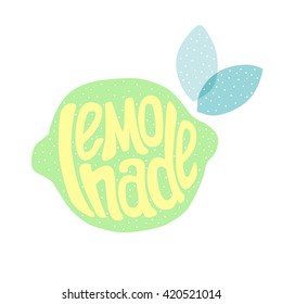 "Lemonade" lettering in lime silhouette with leaves on a white background. Vector cute illustration