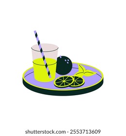 Lemonade And Lime On Tray In Flat Vector Illustration Symbolizing Refreshing Drinks, Summer Beverages, And Relaxation, Isolated On White Background.