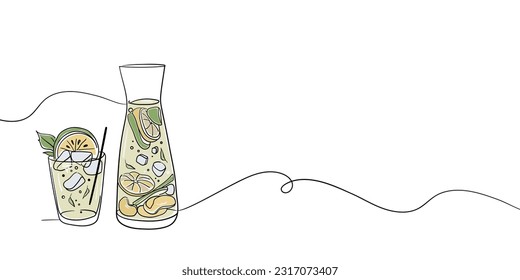 Сarafe with lemonade line art drawing on white background. Summer drink outline. Drinks for cafe menu vector illustration