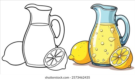 Lemonade Line Art Vector Illustration Black and White with Coloring Sample. Bold and Easy Food, Sweets, Drinks, Dessert, and Snacks Coloring Pages for Adults and Kids.