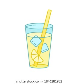 Lemonade or Long Island cocktail, color icon. Line art pictogram of clear glass with ice, lemon slice, straw. Cartoon illustration of refreshing cold drink. Contour isolated vector, white background