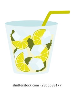 Lemonade with Lying Lemon and Lime, Flat style Vector illustration. Cartoon Beverage with straw, ice, mint in Glass. Refreshing cold Fruit Drink. Graphic for Poster, Banner, Flyer.