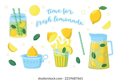 Lemonade making set. Collection of stages of production of lemonade, soda or juice. Healthy lifestyle, proper nutrition. Organic product. Cartoon flat vector illustrations isolated on white background