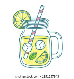 Lemonade In Mason Jar Mug With Drinking Straw And Lemon Wedge. Refreshing Summer Drink Vector Clip Art Illustration, Doodle Style Drawing.