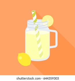 Lemonade In Mason Jar And Slice Of Lemon, Flat Design Vector