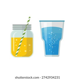 Lemonade in mason jar with straw and tall sparkling water glass, refreshing drink icons for summer party, cafe menu