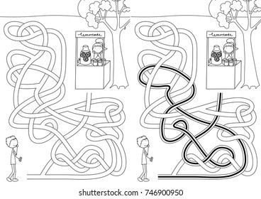 Lemonade maze for kids with a solution in black and white