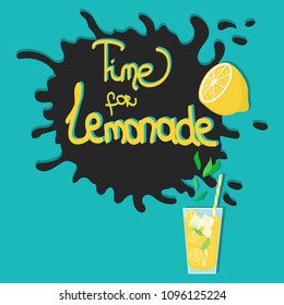 Lemonade with mint, inscription "Time for Lemonade", fresh sweet drink with lemon juice, syrup and mint, colorful summer banner template, logo, vector