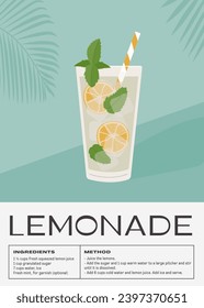 Lemonade Mocktail garnished with mint and lemon. Classic nonalcoholic beverage recipe modern wall art print. Summer drink poster. Minimalist trendy vector flat illustration.